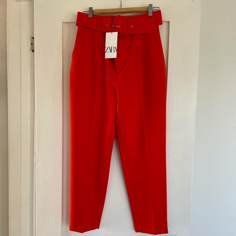 Zara High-Waisted Belted Pants in Coral